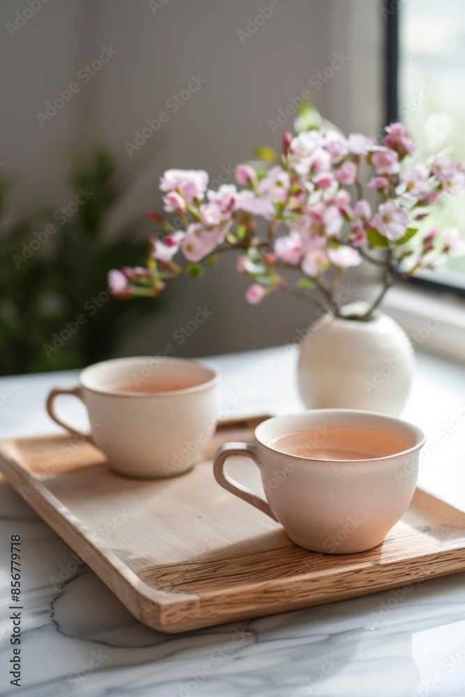 Rose tea served in minimalist ceramic teacups on a wooden surface Rose tea served in minimalist ceramic teacups on a wooden surface