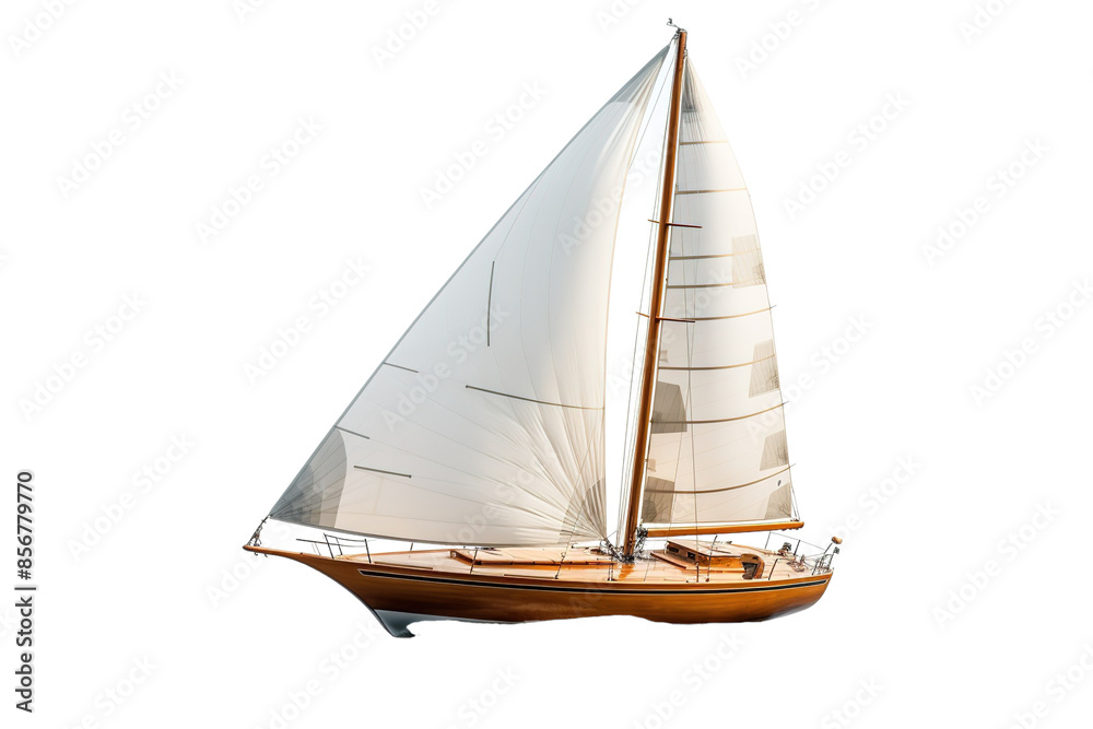A Classic Sailboat Navigates a Calm Sea on a Sunny Day on a Clear PNG or White Background. A Classic Sailboat Navigates a Calm Sea on a Sunny Day on a Clear PNG or White Background.
