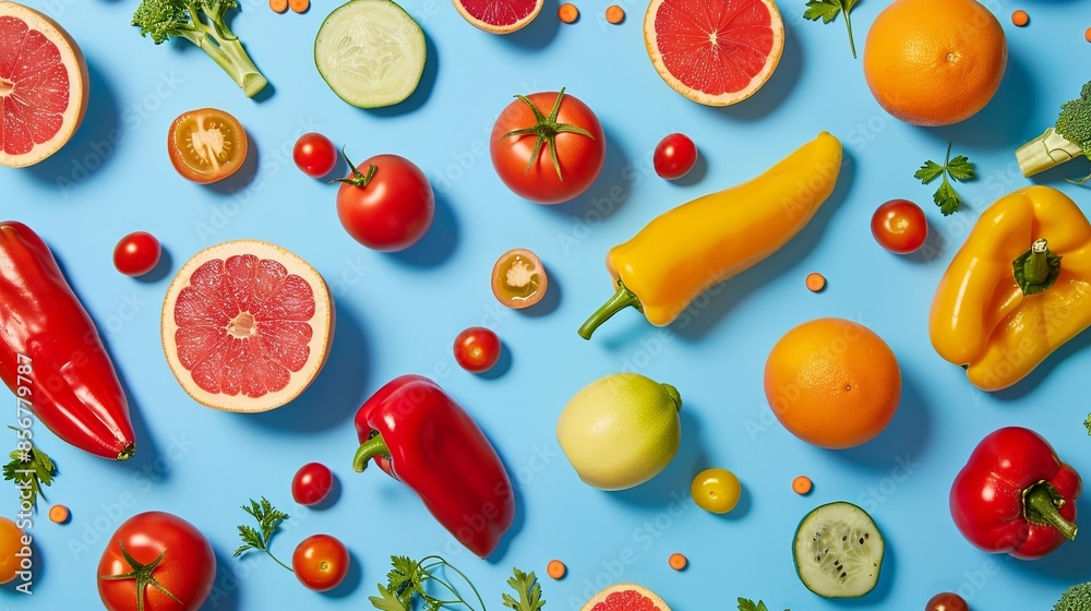 fruits and vegetables on a blue background fruits and vegetables on a blue background