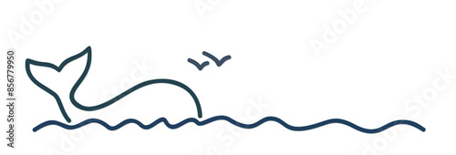 Whale symbol with blue sea and birds.
