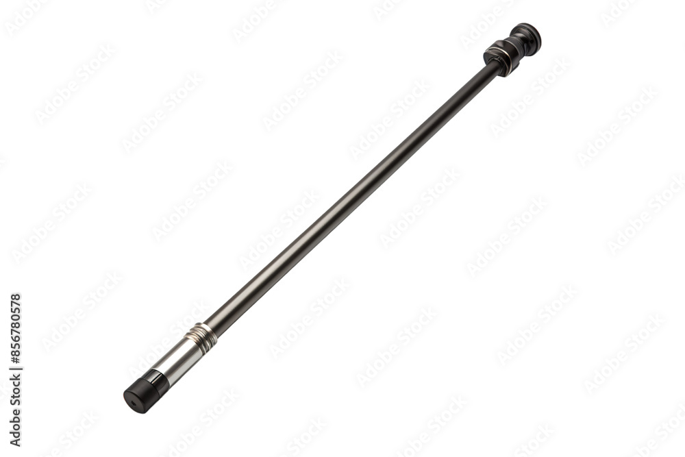 A Sleek Black Metal Rod With Silver Accents Against A White Background on a Clear PNG or White Background. A Sleek Black Metal Rod With Silver Accents Against A White Background on a Clear PNG or White Background.