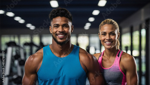 A fit man and woman stand together in a brightly lit gym with large windows, smiling confidently. The man is wearing a blue sleeveless shirt, while the woman sports a pink tank top.