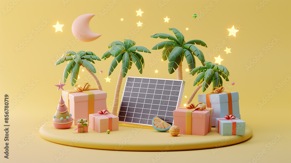 Obraz premium 3D isometric illustration of a solar panel, surrounded cute gifts and tropical trees, on a light yellow background