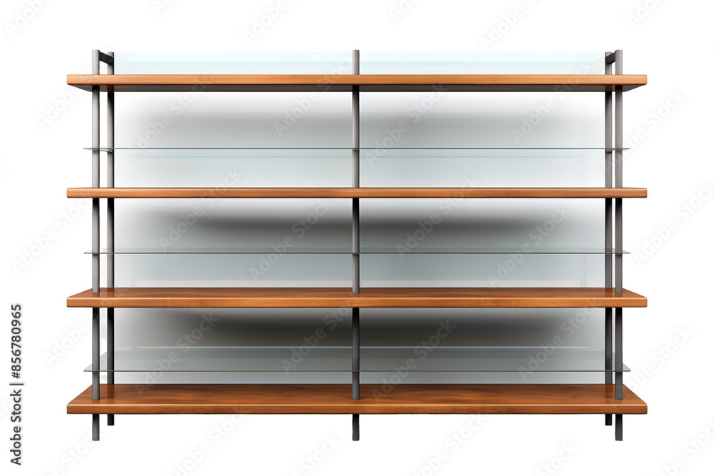 A Modern Wooden Shelf Unit With Glass Accents on a Clear PNG or White Background. A Modern Wooden Shelf Unit With Glass Accents on a Clear PNG or White Background.