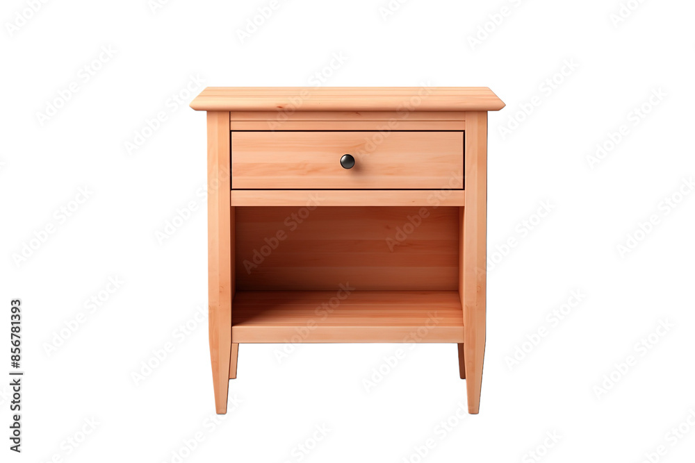 A Single Drawer Nightstand With a Warm Wooden Finish and a Sleek Open Shelf on a Clear PNG or White Background.