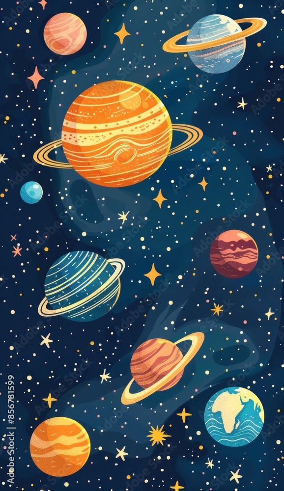 Colorful cartoon solar system with planets and stars in outer space Colorful cartoon solar system with planets and stars in outer space