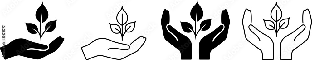 Set of plant icons in hands. Symbols of ecology and fertility. Seedlings in hands. Vector EPS 10 Set of plant icons in hands. Symbols of ecology and fertility. Seedlings in hands. Vector EPS 10
