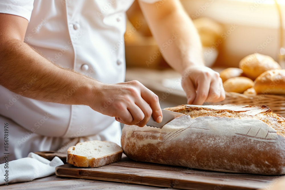A baker in a white uniform making incisions on a large bread loaf with a knife in a well-lit kitchen.. A baker in a white uniform making incisions on a large bread loaf with a knife in a well-lit kitchen..