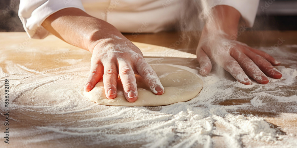 Fototapeta premium A chef flattening dough with hands on a flour-covered wooden surface..