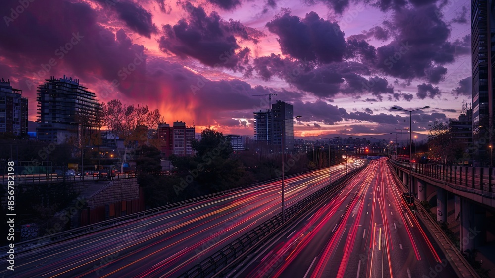 Fototapeta premium Stunning long exposure of evening traffic flow in a city with modern office buildings under a purple sunset sky. Ideal for urban and cityscape themes in marketing and design.