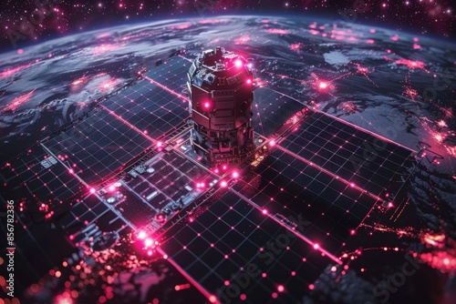 A conceptual satellite hovers over a digitized Earth with a glowing red grid, symbolizing global surveillance