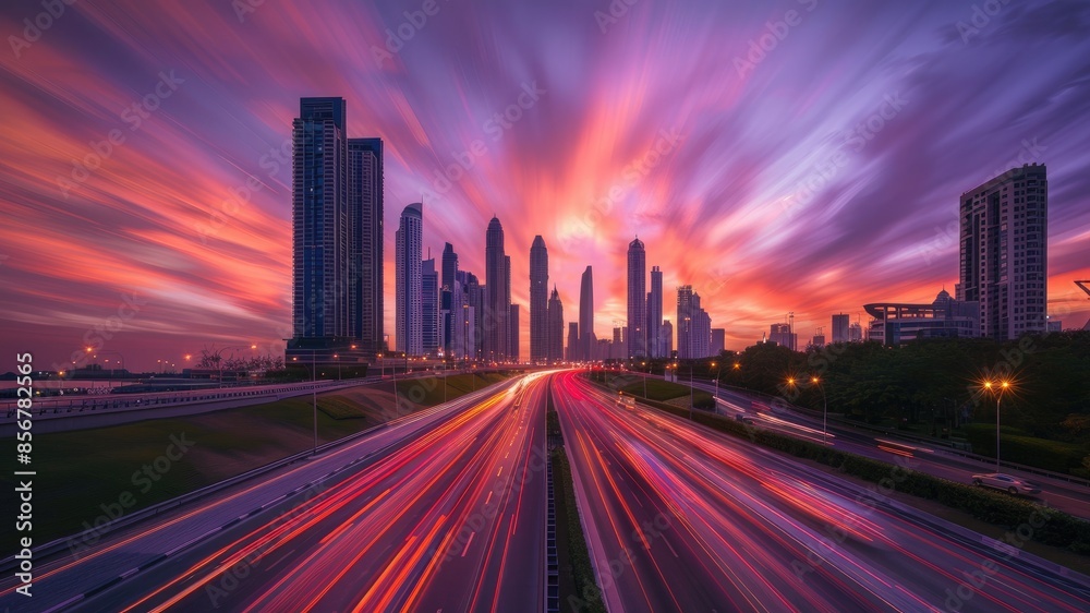 Fototapeta premium Stunning long exposure of evening traffic flow in a city with modern office buildings under a purple sunset sky. Ideal for urban and cityscape themes in marketing and design.