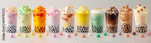 Assortment of colorful bubble tea drinks with tapioca pearls.