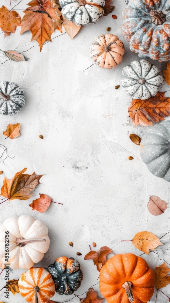 Obraz premium Colorful Pumpkins and Leaves Framing White Background Frame