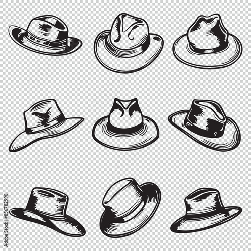 Simple hat set, black vector illustration on transparent background