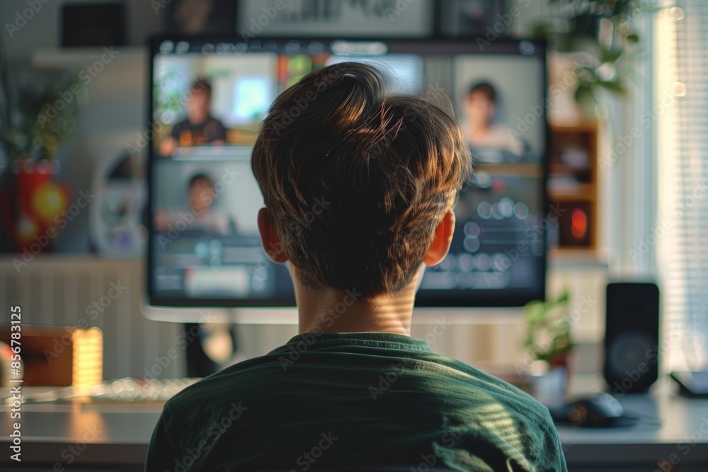 A boy sits attentively in front of a computer screen during a virtual class, fully engaged with classmates in an online learning environment. A boy sits attentively in front of a computer screen during a virtual class, fully engaged with classmates in an online learning environment.