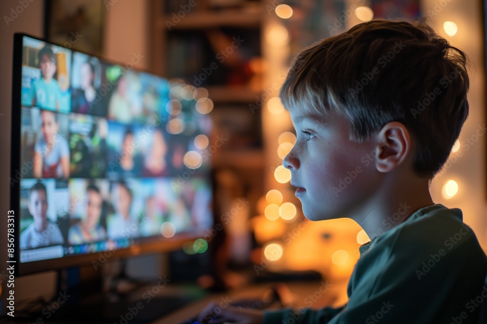 A boy sits attentively in front of a computer screen during a virtual class, fully engaged with classmates in an online learning environment. A boy sits attentively in front of a computer screen during a virtual class, fully engaged with classmates in an online learning environment.