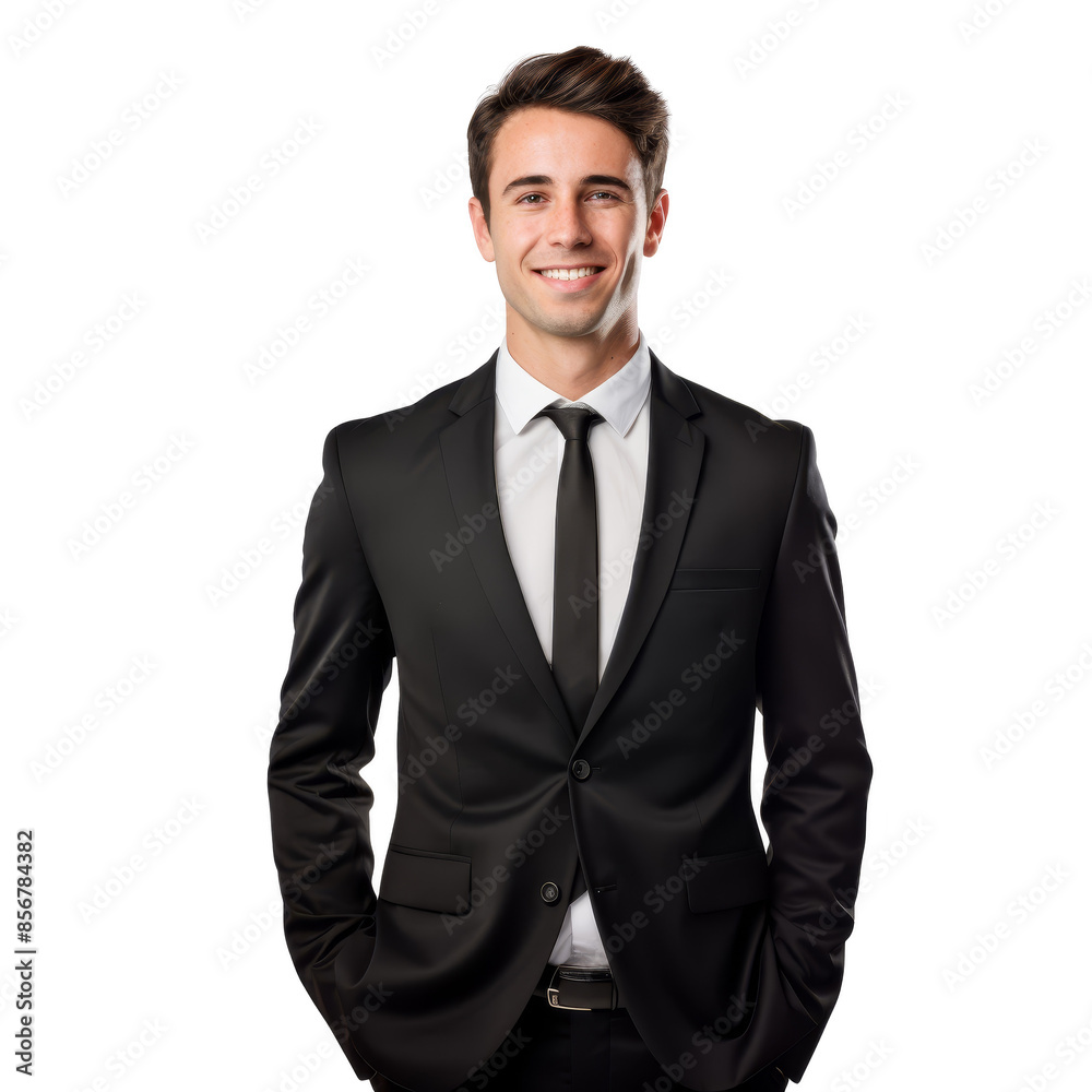Confident young man in a stylish black suit smiling warmly, hands in pockets, isolated on white background, portraying professionalism and charm. Confident young man in a stylish black suit smiling warmly, hands in pockets, isolated on white background, portraying professionalism and charm.
