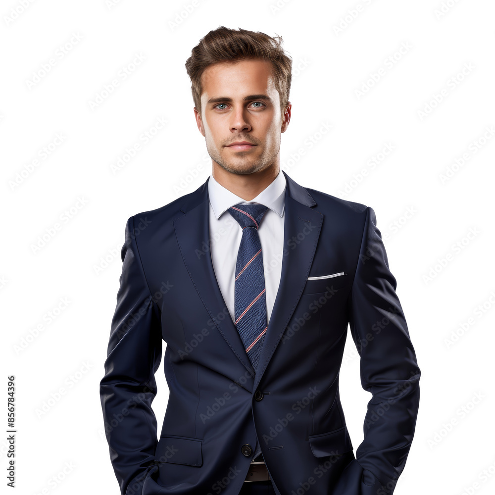 Confident businessman in a blue suit and tie standing with hands in pockets, isolated on white background. Confident businessman in a blue suit and tie standing with hands in pockets, isolated on white background.