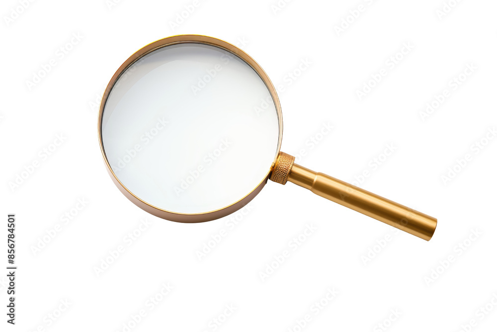 High-quality image of a magnifying glass with a golden handle on a white background, perfect for search, inspection, and investigation concepts.