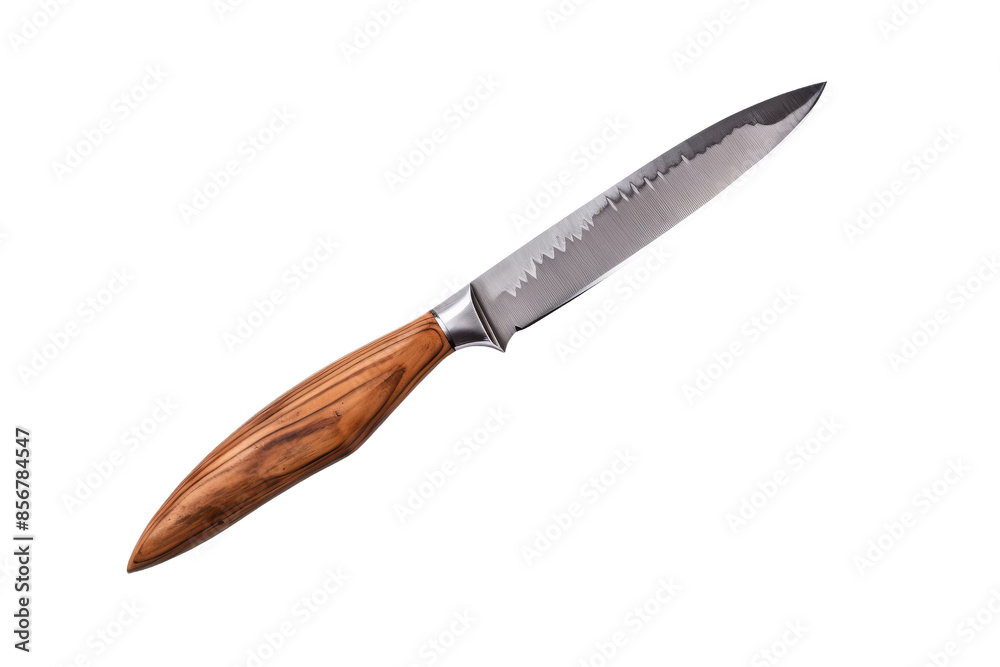 Obraz premium High-quality kitchen knife with serrated stainless steel blade and wooden handle for precise cutting on an isolated white background.