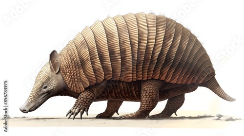 3. Produce a detailed artwork of an armadillo in a natural pose, capturing its distinctive bands and curious expression. The illustration should feature a transparent background, making it versatile photo
