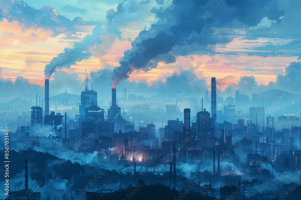 Artistic representation of a future city with industrial buildings emitting smoke into the dawn sky, highlighting environmental issues
