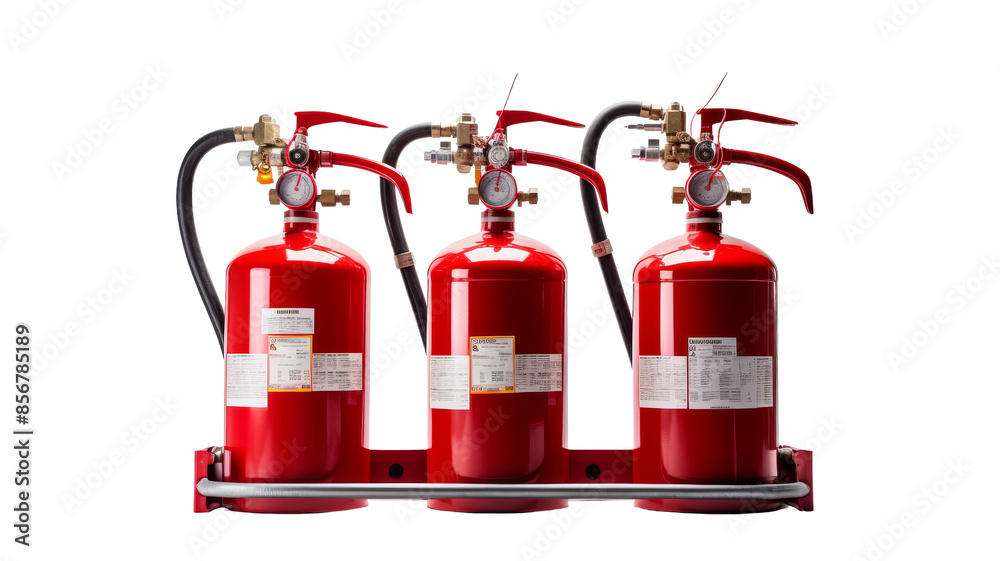 Obraz premium Three red fire extinguishers in a row, isolated on white background. Essential firefighting equipment for safety and emergency response.