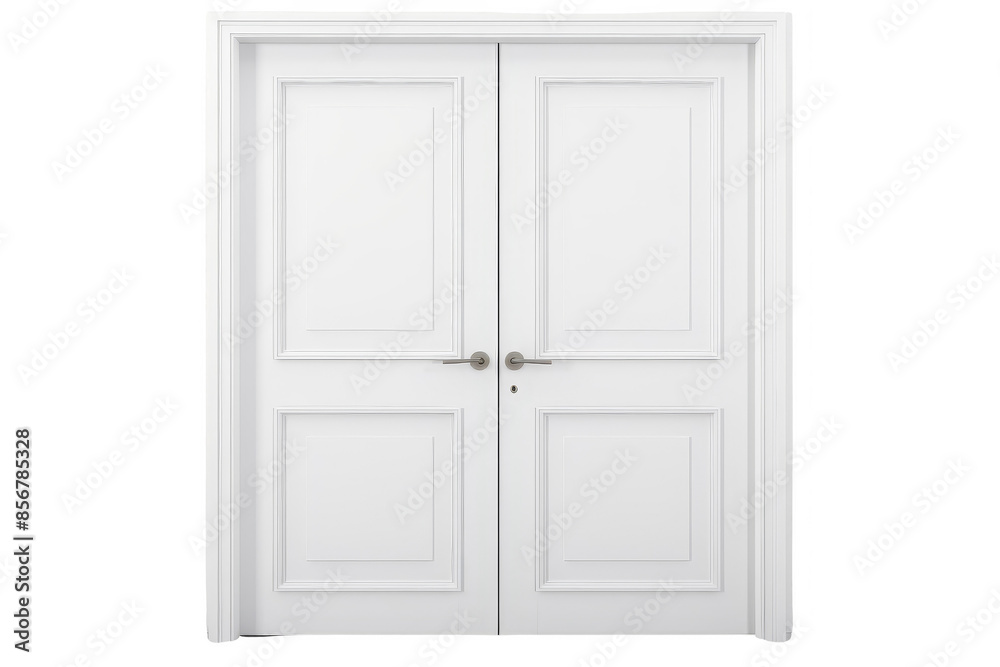 A clean, white double door with classic panel design and modern handles, perfect for any interior space and contemporary home design. A clean, white double door with classic panel design and modern handles, perfect for any interior space and contemporary home design.