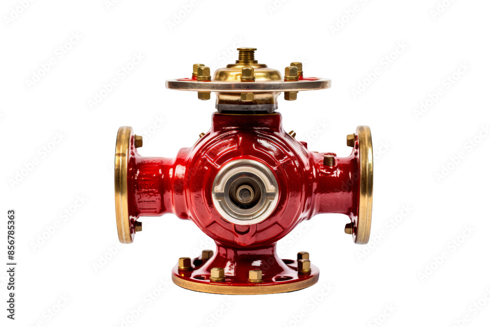 A detailed photo of a red industrial valve with metallic accents isolated on a white background. Ideal for engineering and industrial use.