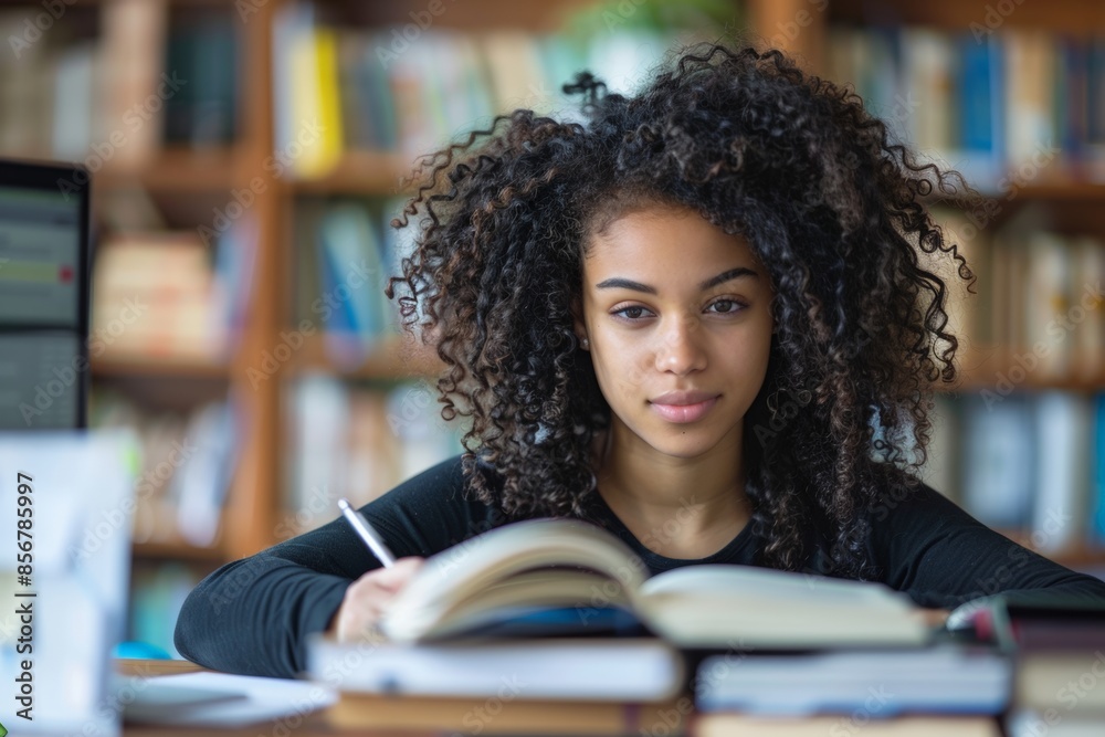 A young woman with curly hair studies intently in a library, surrounded by books, showcasing dedication and academic focus in a scholarly environment. A young woman with curly hair studies intently in a library, surrounded by books, showcasing dedication and academic focus in a scholarly environment.