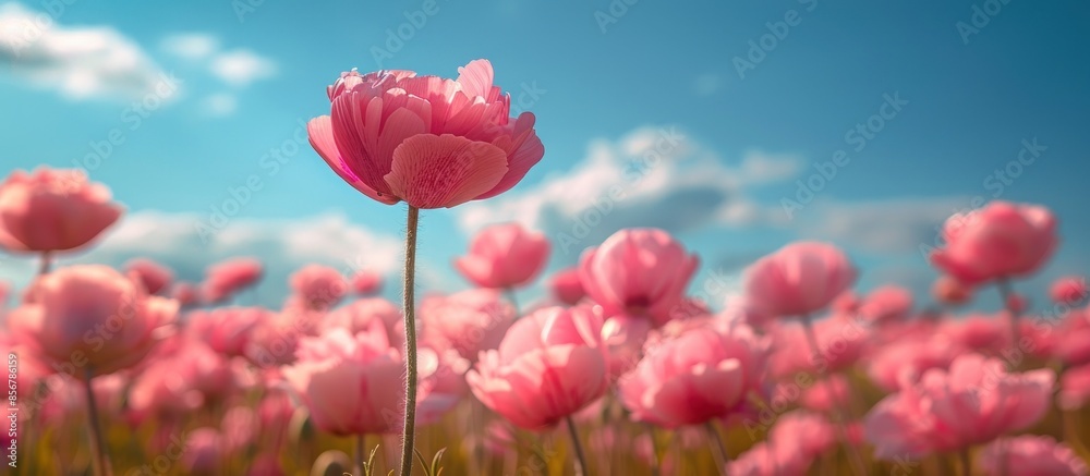 Fototapeta premium A field of pink flowers with a blue sky in the background