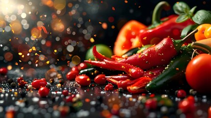 Crédence de cuisine  a dark stone background with spicy spices displayed  © Davy