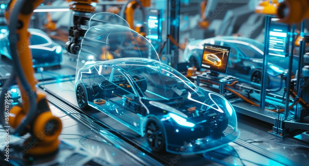 Fototapeta premium Futuristic car factory with robotic assembly lines producing advanced vehicles