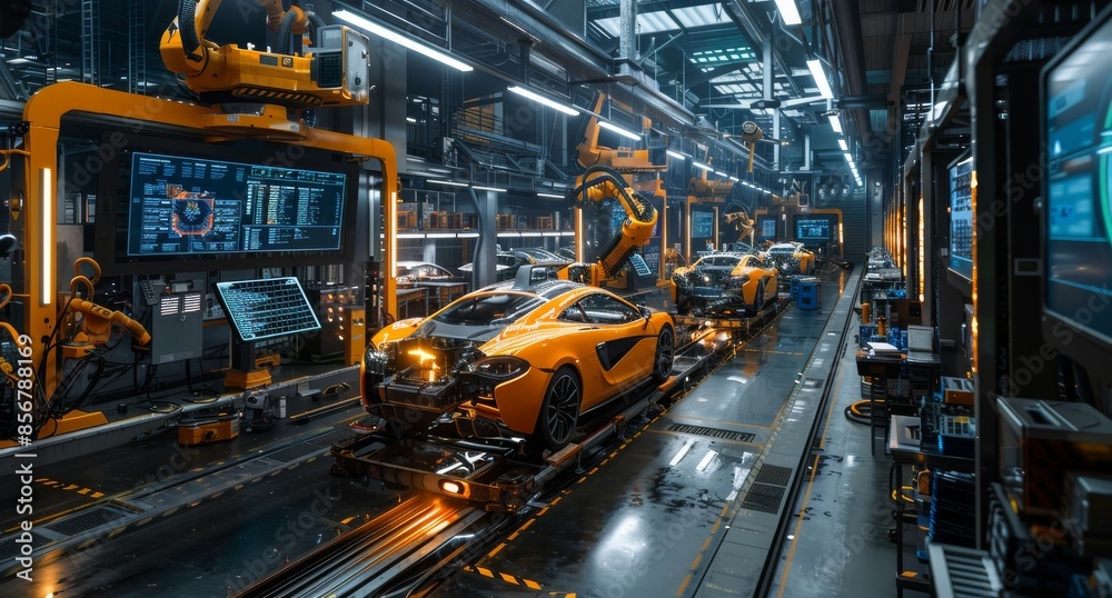 Robotic car manufacturing factory producing high-tech sports cars with precision
