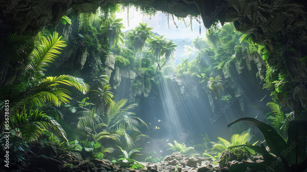 Fantasy jungle cave, illustration, hyper realistic, photorealistic Fantasy jungle cave, illustration, hyper realistic, photorealistic