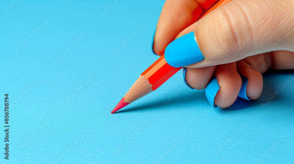 Close-up of a hand holding a red colored pencil on a blue background. Creativity, drawing, art, and design concept for stock photo use. Close-up of a hand holding a red colored pencil on a blue background. Creativity, drawing, art, and design concept for stock photo use.