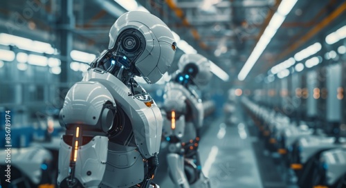 Futuristic factory with advanced robotic arms and humanoid robots in production line