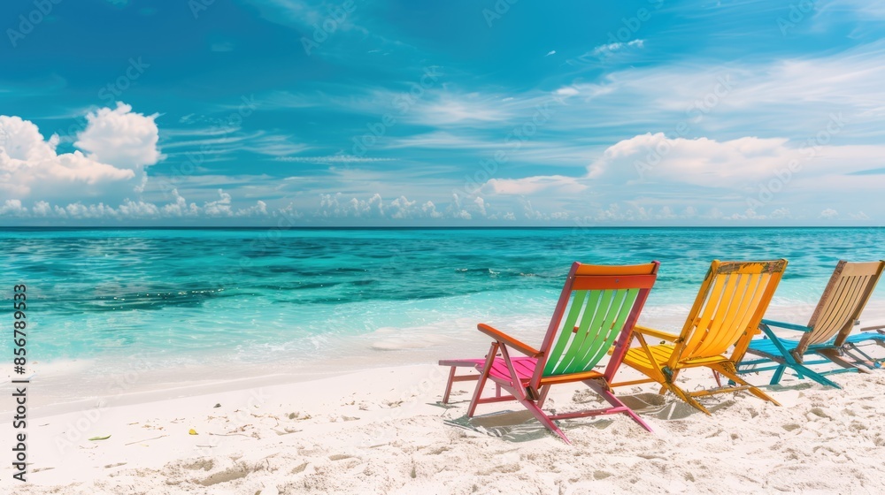 Colorful Beach Chairs on White Sand by the Ocean: Perfect Summer Vacation Background on a Sunny Day for Relaxation and Fun
