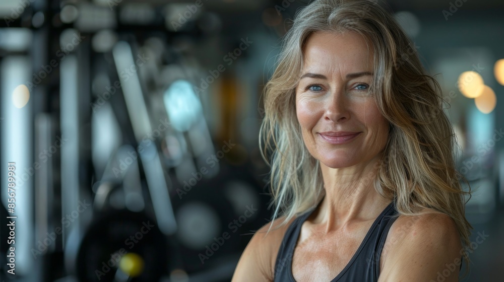 Obraz premium portrait of a beautiful Caucasian mature woman in sportswear located in the gym. doing sports in adulthood in the gym