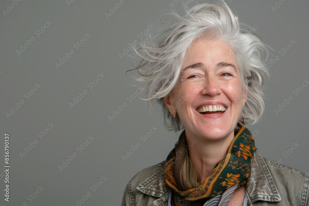 Portrait of a glad caucasian woman in her 50s laughing on blank studio backdrop Portrait of a glad caucasian woman in her 50s laughing on blank studio backdrop