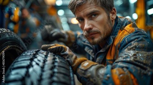 A mechanic inspects a car's tires in a professional auto shop. The bright shop lights illuminate the mechanic's concentrated expression as he completes his work.