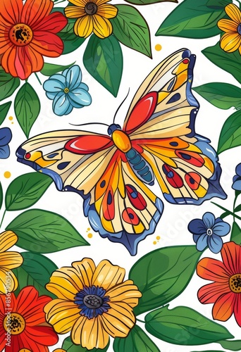 A vibrant butterfly with red, yellow, and blue wings rests among a variety of blooming flowers, including orange, yellow, and blue flowers