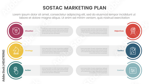 SOSTAC marketing planning model infographic with round rectangle and circle badge with 6 step points for slide presentation photo