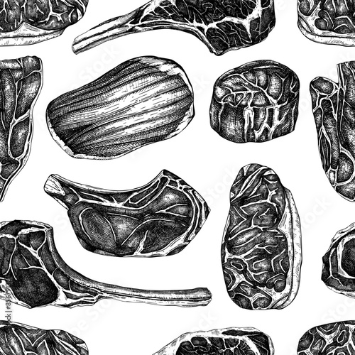 Steak house background. Healthy food seamless pattern. Raw steak vector sketches. Hand-drawn meat illustration. NOT AI generated