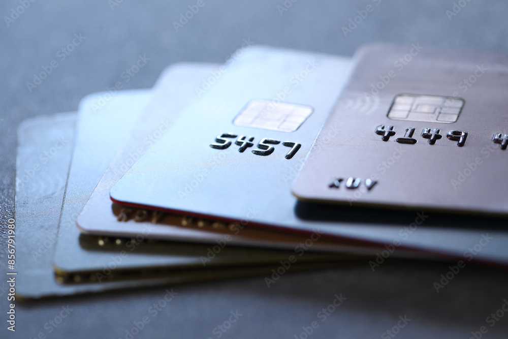 Plastic credit cards on table, closeup view Plastic credit cards on table, closeup view