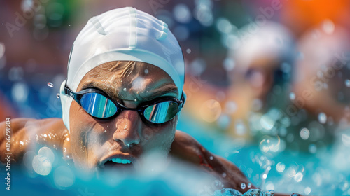 nageur avec bonnet et lunette de natation vu de face en piscine photo
