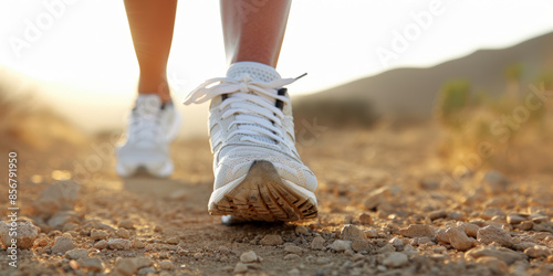 personne faisant une randonnée avec des chaussures de marche sur un sentier photo