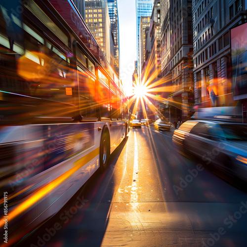 sunlight shining through a city bus as it's driving down the street on 5th avenue in new york city with motion blur effect isolated on white background, png
