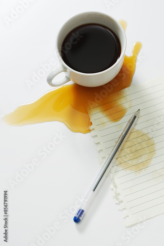 Spilled coffee and a blank sheet of notepad
